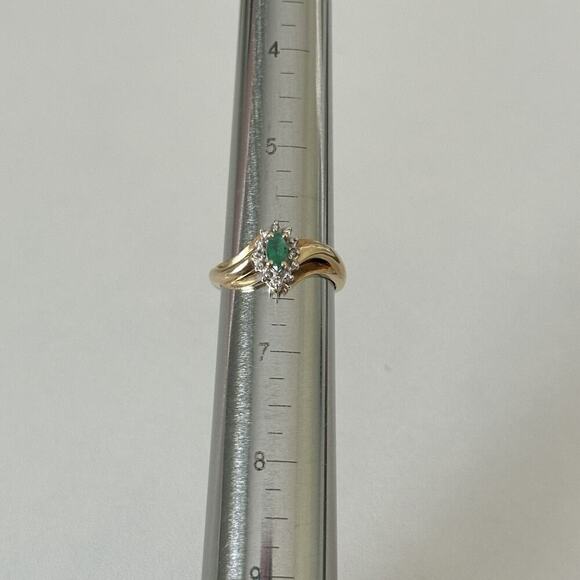 10K Yellow Gold Emerald Marquise & Diamonds Accent Halo Ladies Band Ring Size 6 - Picture 9 of 14
